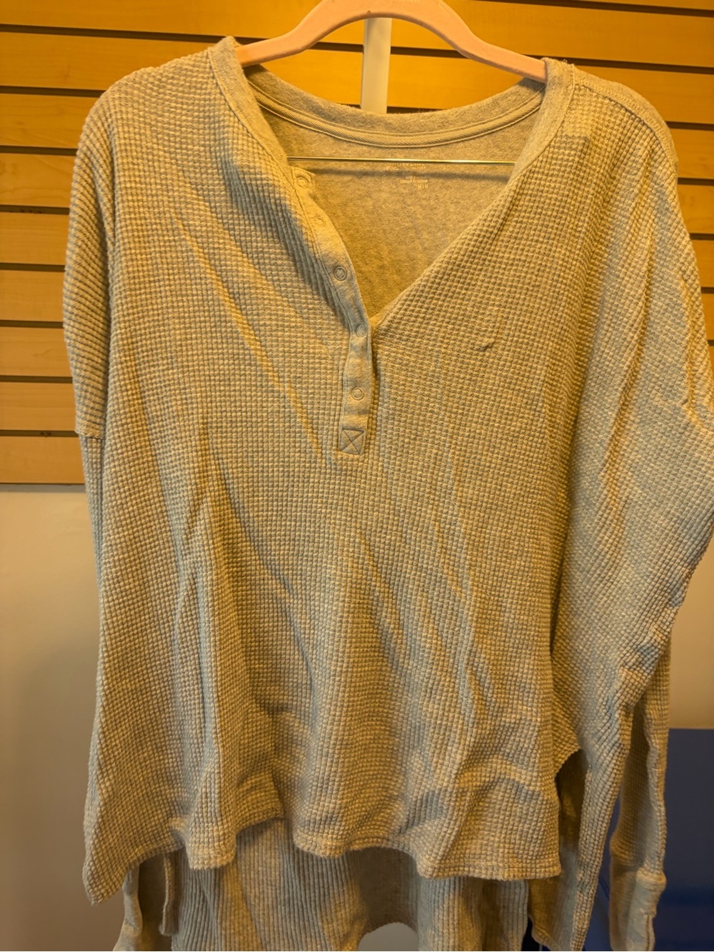 Waffle Knit Henley Top in Light Beige